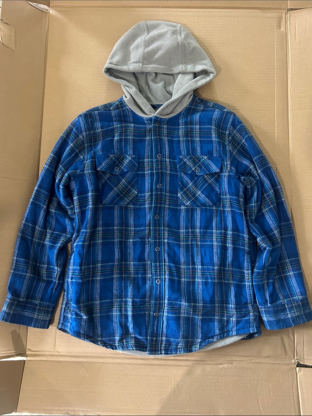 L.L. Bean Blue Plaid Hooded Flannel Jacket with Gray Hood